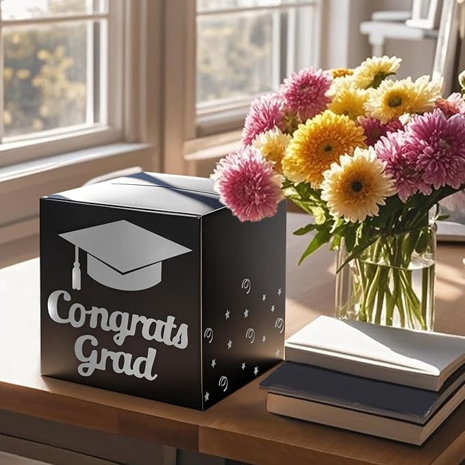 Graduation Card Box Holder, Congrats Grad Foldable Cardboard Decorations Box for Graduation Party Decoration and Grad Parties (Silver)