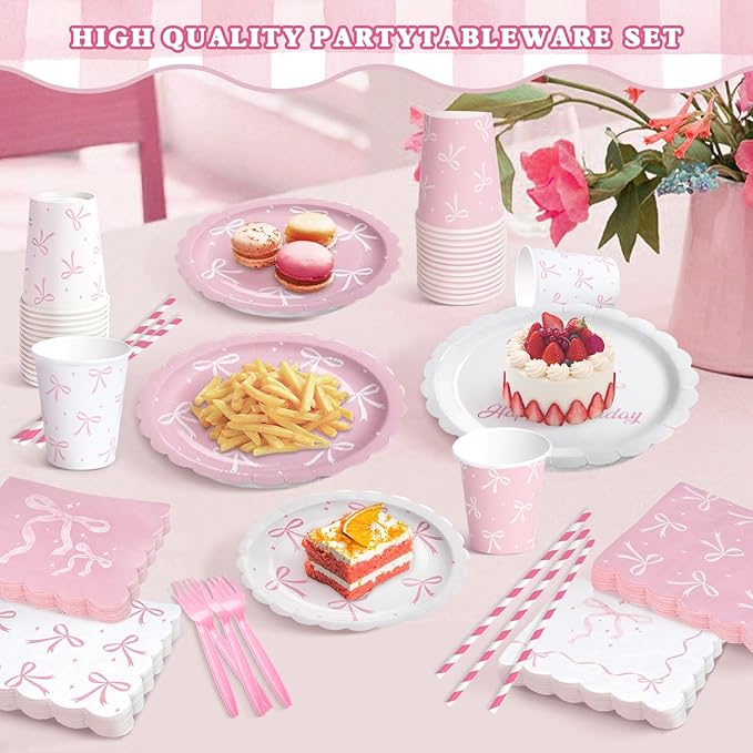 300 Pcs Pink Bow Plates, Cups, Napkins and Tableware Sets for Coquette Birthday Decorations, Party Supplies Include Straws, Pink Birthday Decorations Which Can Serve 50