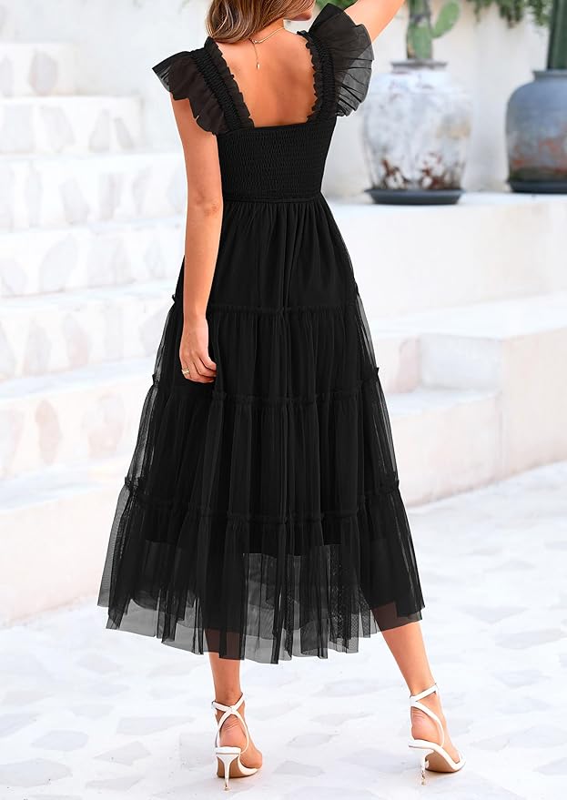 PRETTYGARDEN Women's Summer Tulle Midi Dress Sleeveless Smocked Ruffle Flowy Mesh Dresses Party Wedding Guest Sundress