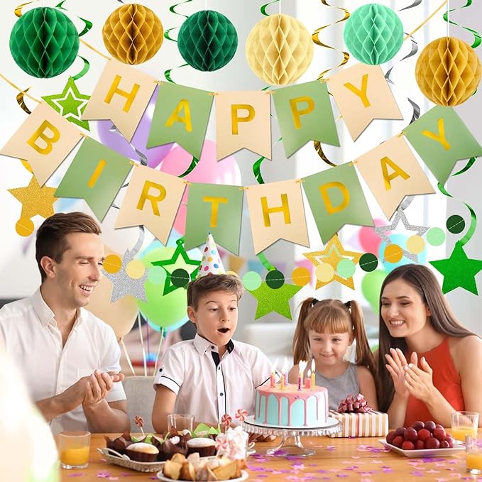 Birthday Decorations, Happy Birthday Banner with Honeycomb Balls, Swirls Set Happy Birthday Decorations Sign for Men Women Boys Girls Birthday Party Supplies Kit for Indoor Outdoor