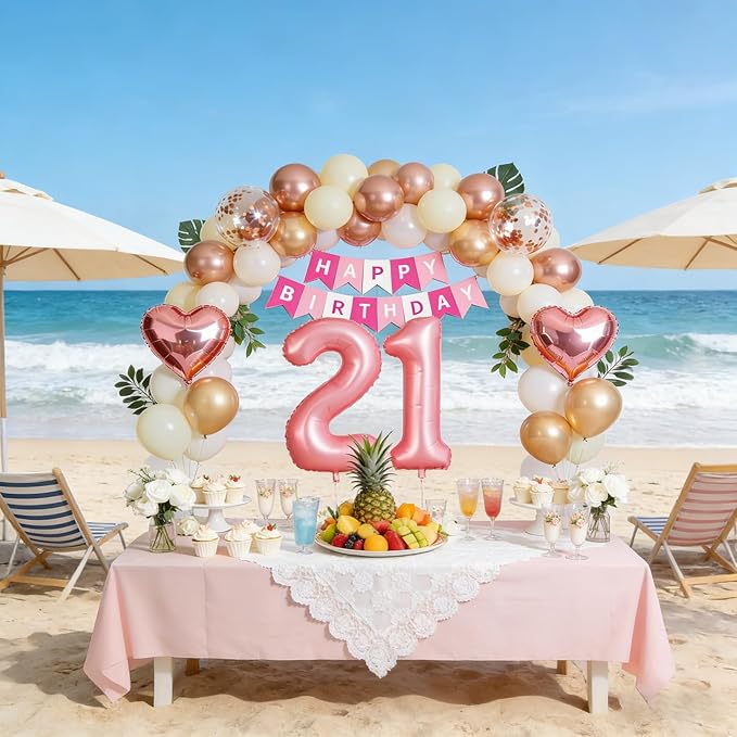 21st Birthday Decorations for Women, Rose Gold and Pink Party Supplies Set with Finally 21 Banner, Number 21 Balloon and Foil Fringe Curtains