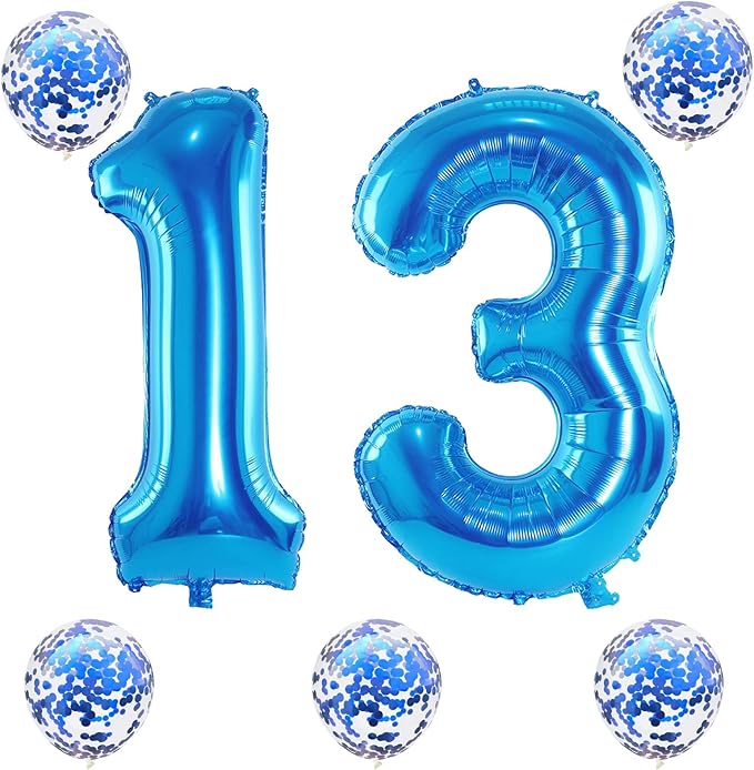 13th Birthday Balloons for Boys, 40 Inch Blue Foil Number 10 Balloons with Confetti Latex Helium Balloons, Blue Birthday Party Balloons Numbers 1 and 3 for Men Girls 13th 31st Anniversary Decorations