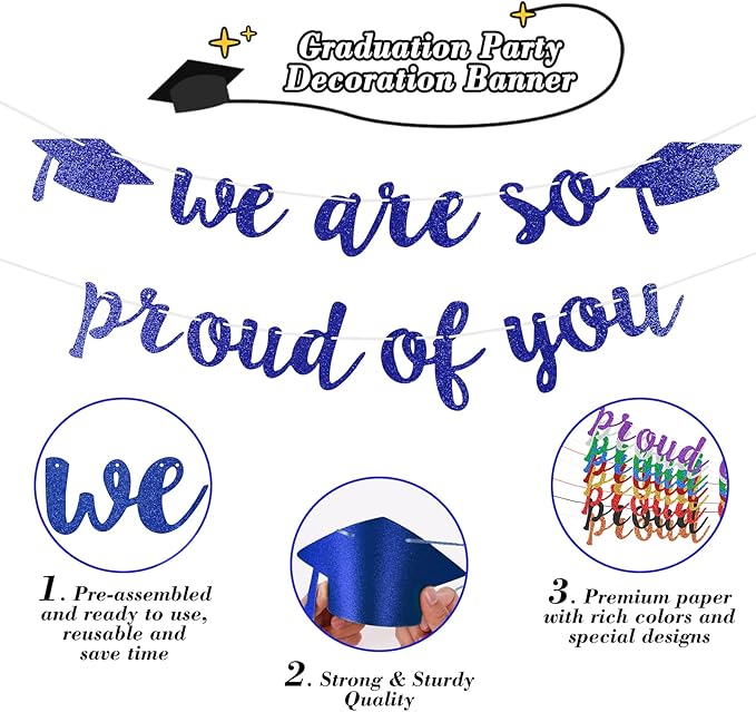 2026 Graduation Decorations Pre-Strung Blingbling We Are So Proud of You Banner Glitter Graduation Garland for Class of 2026 High School College Grad Party (Navy Blue)