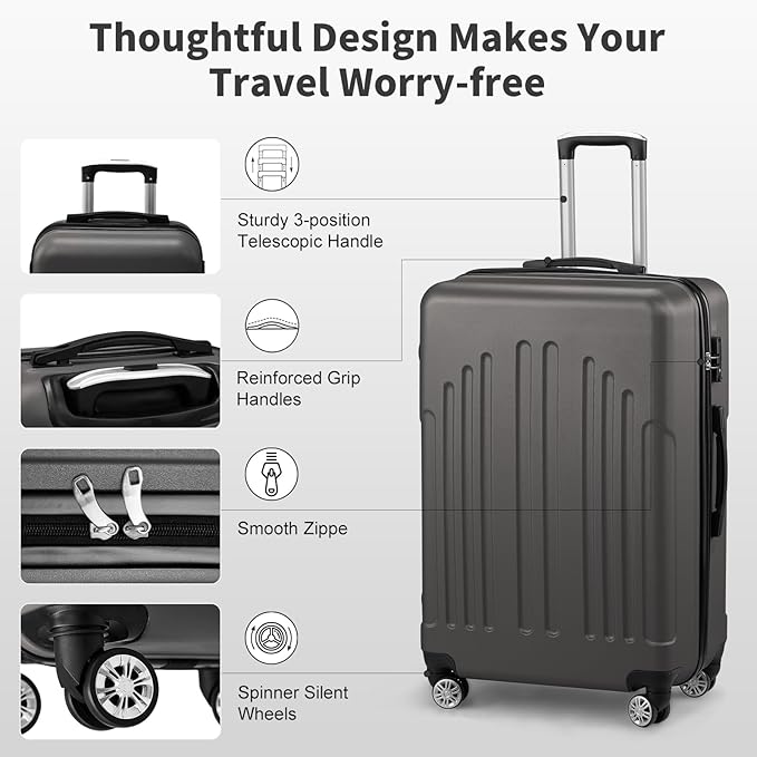 Karl home 28 Inch Check-in Luggage with Spinner Wheels, ABS Hardshell Checked Suitcase with TSA Lock, Durable Large Suitcase Rolling Luggage for Men Women, Dark Grey