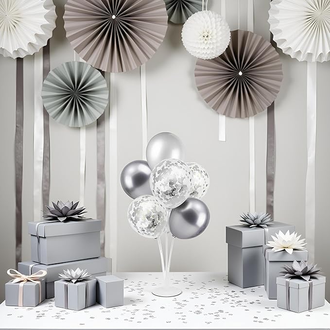 Silver Balloon Stand Centerpiece Table Decorations for 25th Wedding Anniversary Birthday Bridal Shower Father's Day Mother's Day Platinum Party Decorations(Silver gray set4)