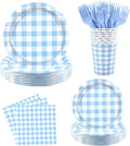 Blue Gingham Disposable Party Tableware Set for 30 Guests – 9 & 7 Inch Paper Plates, Cups, Napkins and Forks, Blue Checkered Paper Dinnerware for Birthday, Picnic, Baby Shower, Outdoor Gatherings