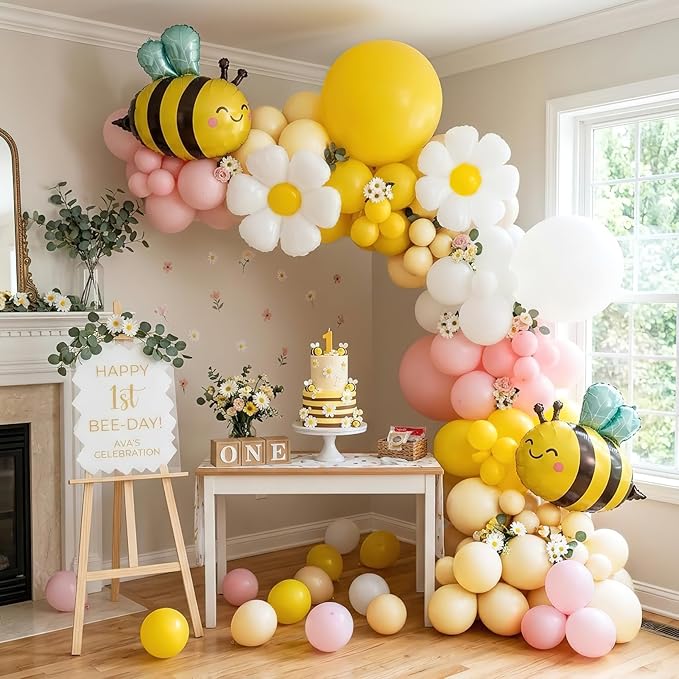 Bee Balloons Garland Arch Kit 134 pcs yellow pestal pink balloon Arch with bee daisy balloons for Baby Shower Lemonade Birthday Honeybee Party Decor