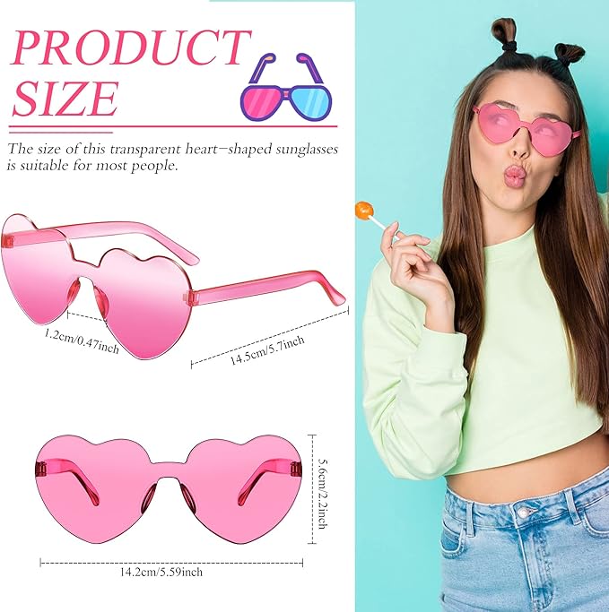 TOODOO 4 Pack Heart Shaped Sunglasses Rimless Candy Color Eyewear Galentine Valentines Accessories