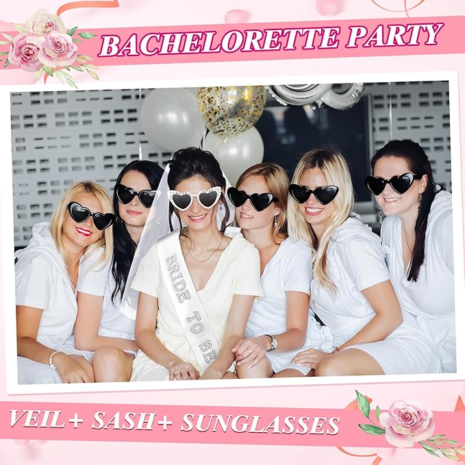 8 Pcs Bachelorette Party Bride to Be Decorations Pearl Heart Sunglasses Pearl Sash Bridal Veil for Wedding Engagement Bridal Shower Favors