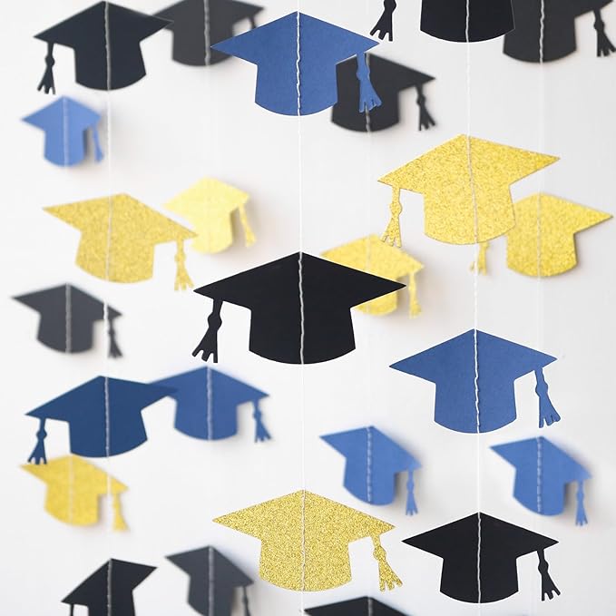 Blue and Gold Graduation Garland Graduation Party Decorations Class of 2026 Grad Cap Garland Banner Streamers for Grad Party Hanging Decorations 39Feet