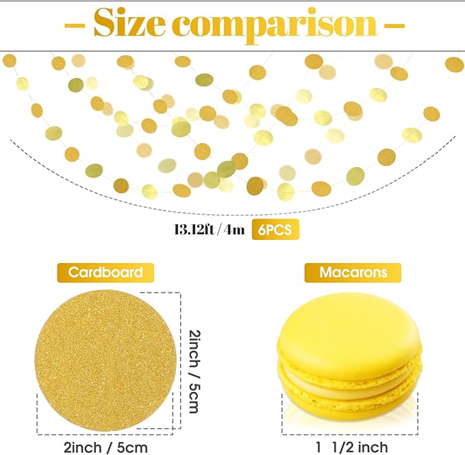 Syhood 6 Pcs Party Decorations Paper Dot Circle Garlands Glitter Streamers Hanging Banner Decor for New Year Baby Shower Wedding Birthday Backdrop Supplies (Mirror Gold)