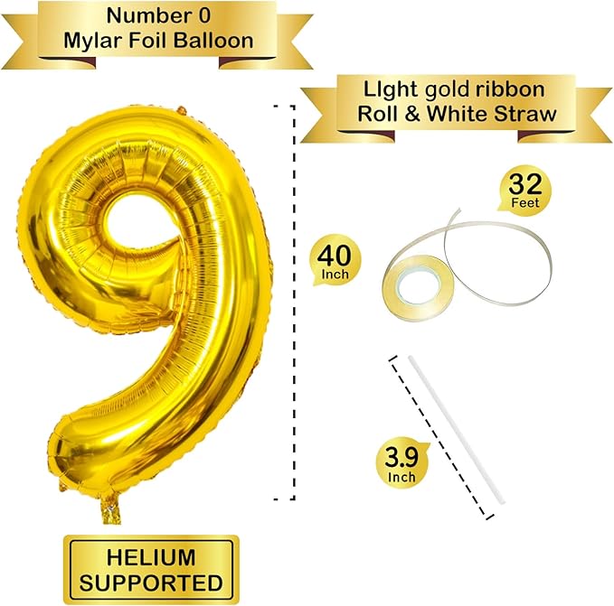 40 Inch Gold Number Balloons, Helium Mylar Foil Number Balloons for Birthday, Number 9 Balloon for 9st Birthday Decorations for Kids, Anniversary Party Decorations Supplies