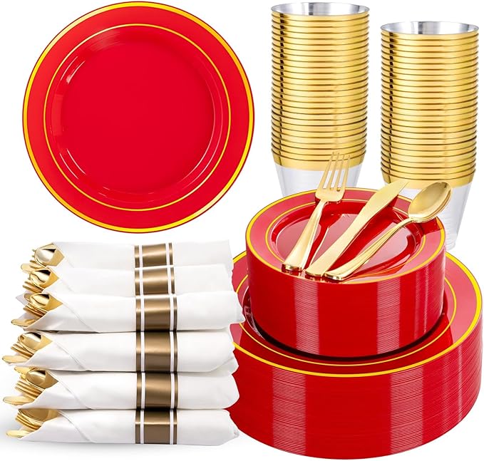 350Pieces Red Plastic Plates with Gold Rim Include 50Dinner Plate 10inch 50Dessert Plate 7inch 50 gold Cups 9 OZ, 50 Pre Rolled Napkins for Party Baby Shower Wedding Spring