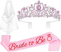 JETKONG 3 Pcs Bachelorette Party Decorations Bridal Shower Crown, Bride to Be Sash&Veil for Women Bachelorette Party Gifts, Bachelorette Party Supplies, Gifts, Favors (Pink)