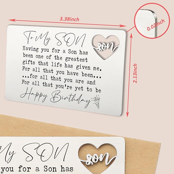 To My Son Happy Birthday Wallet Insert Card, Stainless Steel Laser-Engraved Postcard with Heart Cutout, Sentimental Birthday Gift for Son from Mom and Dad, Inspirational Pocket Keepsake QBK04