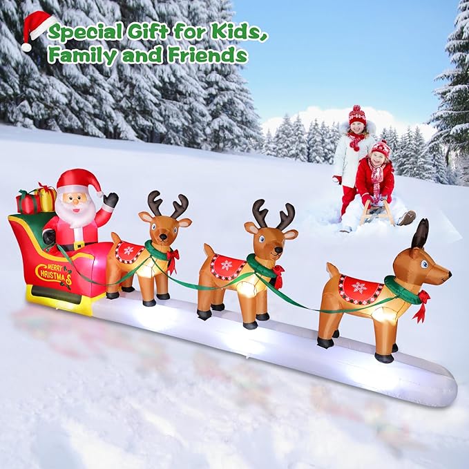 FunFanso 12 FT Christmas Inflatables Santa Claus on Sleigh Outdoor Decorations, Blow Up 3 Reindeers Pulling Santa's Sleigh with Gift Boxes, Built-in LED Lights for Xmas Party Decor Yard Garden Lawn