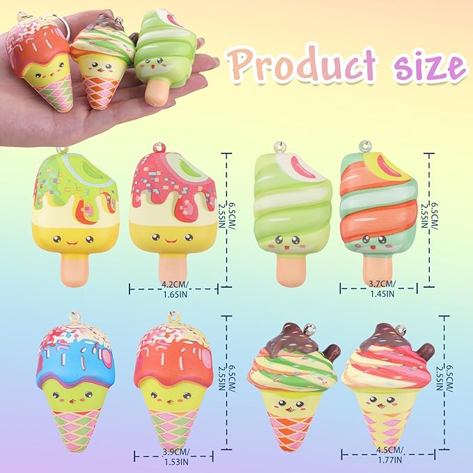Anboor Mini Food Squishies Toys - 8pcs Soft Kawaii Ice Cream Popsicles Squeeze Stress Relief Sensory Toys for Kids, Slow-Rising Squishies Keychain Fidget Toys for Party Favors Goodie Bag Fillers