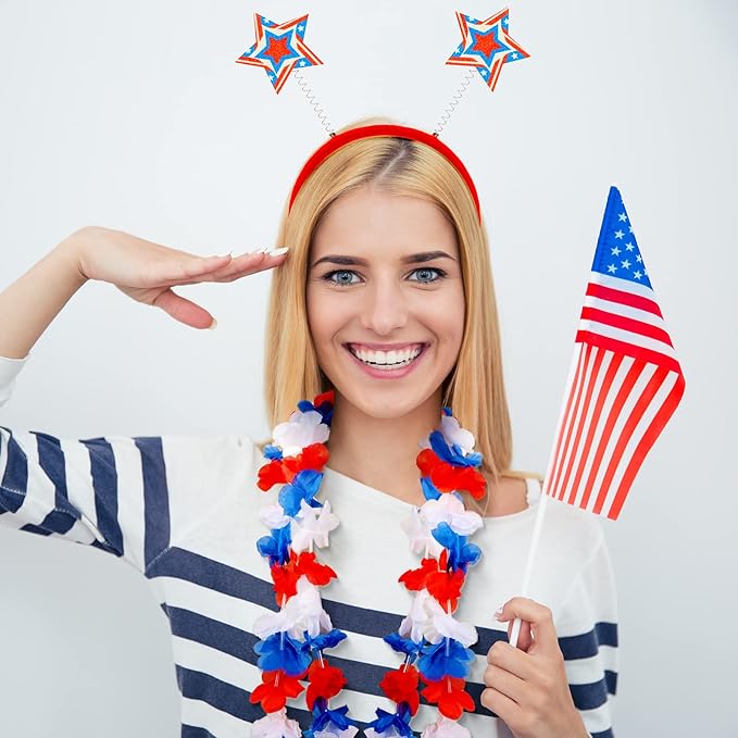 24 Pcs 4th of July Party Accessories, 12 Patriotic Headbands, 12 Independence Flower Leis, Red White Blue Star USA Flag Head Bopper for 4th of July Labor Day Veterans Memorial Day Party Supplies Favor