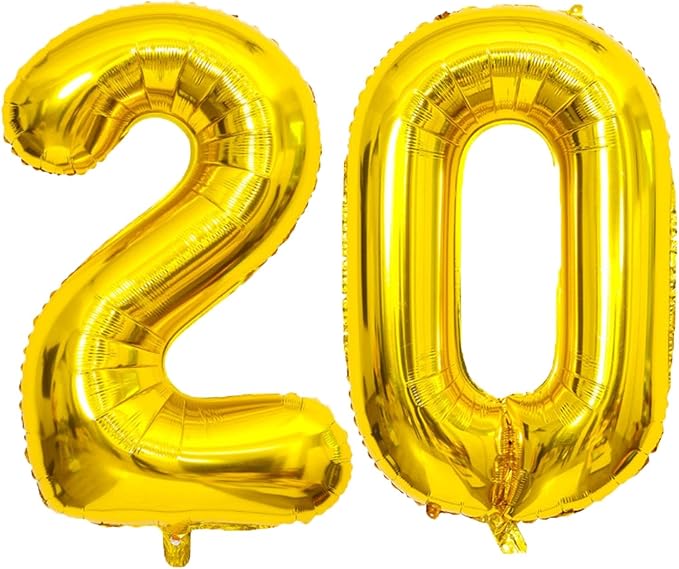 Large Gold 20 Number Balloons, 40 Inch Jumbo Number 20 Balloon, Gold Foil Mylar Balloons for Girl Sweet 20th Birthday Party, Anniversary Decorations