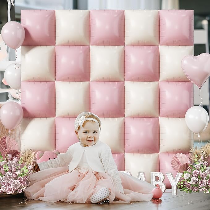 Pink Cream Balloons Square Foil Balloon, 25PCS Boho Baby Pink and Matt White Double Sided Foil Balloon Backdrop Wall Beige Flat Tunnel Background for Girls Women Birthdays Baby Shower Bridal Wedding