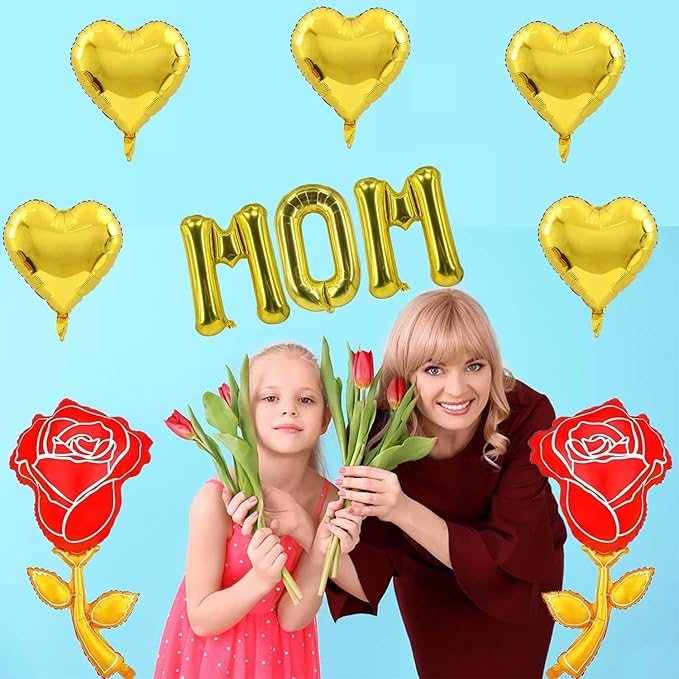 Gold Mom Balloons Gold Rose Heart Balloons Mother's Day Balloon for Mother's Day Party Decorations Theme Supplies Mom Party Balloon Set-10 PCS