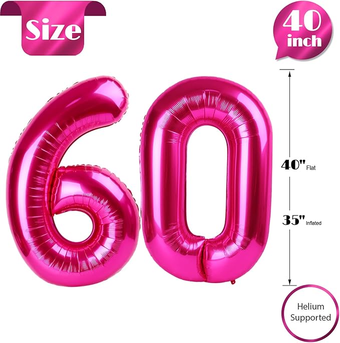 60 Balloon Number, Hot Pink Number 60th Birthday Balloons 40 Inch, 60 Years Old Hot Pink Birthday Decorations for Men Women, 60th Anniversary Decorations