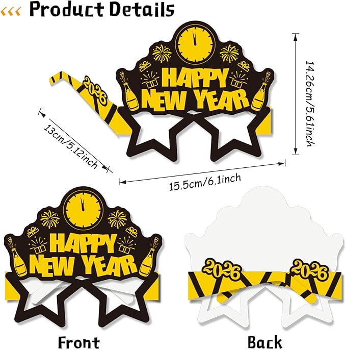 Happy 2026 New Years Glasses - Pack of 8, New Years Eve Party Supplies 2026, New Year Photo Booth Props (Black Gold)