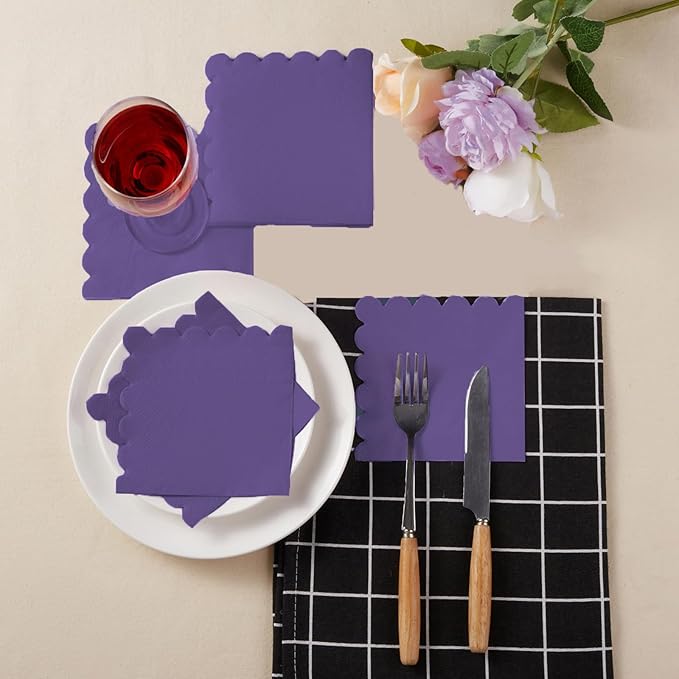 100 Pack Cocktail Napkin 2-Ply Scalloped Edged Dessert Napkins Folded 5 x 5 Inches Disposable Napkins for Dinner Wedding Birthday Party Bridal Anniversary Reception Event (Dark Purple)