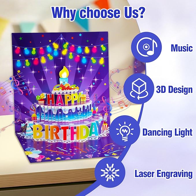 FaCraft 3D Pop Up Musical Birthday Cards for Women Men Kids - Large 7x7 Light Up Birthday Card with Music, Blowable LED Candle, 42s Vocal Song & Fiber Optic Stars with Envelope, Blank Insert, Seal