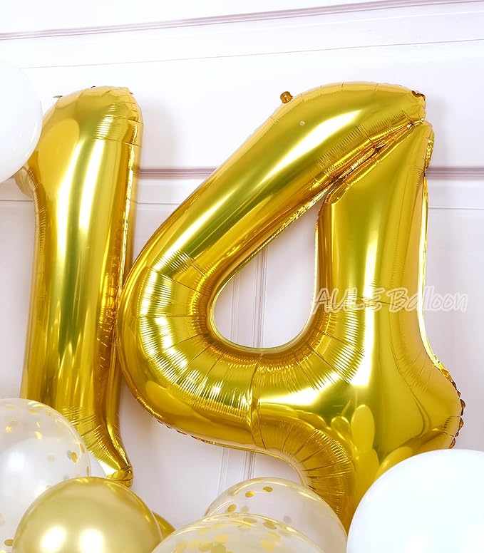 AULE 40 Inch Large 14 Balloon Numbers Gold, Big Foil Number Balloons, Giant Helium Happy 14th Birthday Party Decorations for Boy and Girl, Huge Mylar 41 Anniversary Party Supplies
