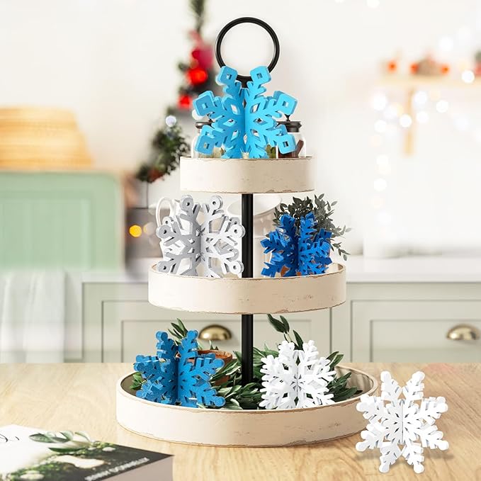 OuMuaMua 18 Sets Winter Christmas Centerpiece Table Decorations - 36pcs Wooden Snowflakes Decor 3D White Blue Snowflake Tabletop Decor for Xmas Holiday Tiered Tray Winter Farmhouse Home Decor