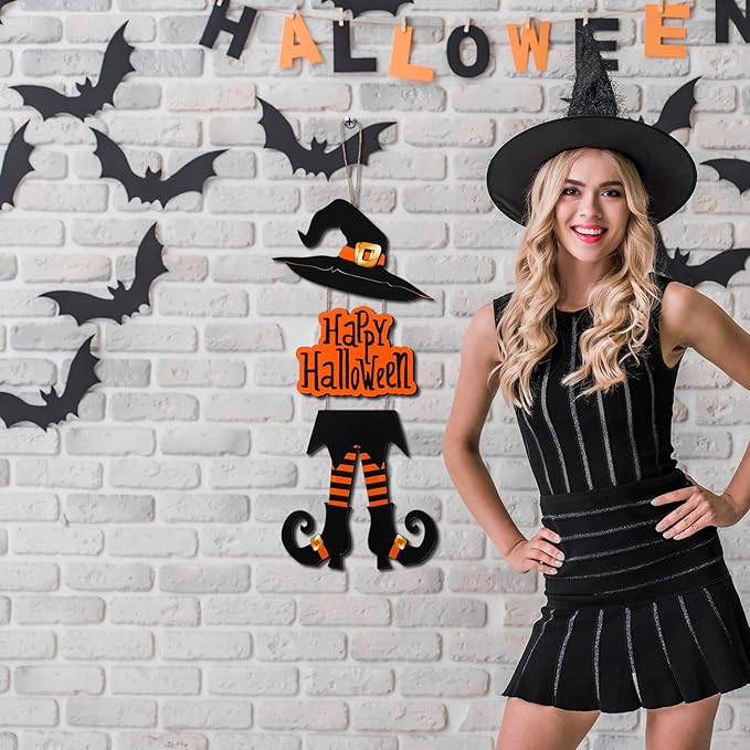 Yerliker Halloween Happy Sign Decoration Witch Legs Hat Hanging Wooden Wall Decor Version Rustic Front Door Hanger Fall Art Ornament for Home Room Indoor Outdoor Holiday Party(Orange)