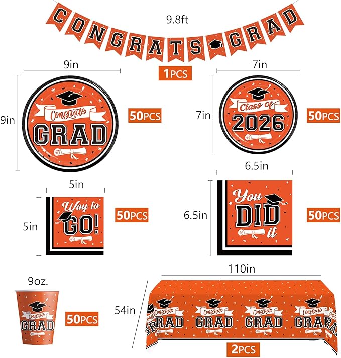 DAZONGE 2026 Orange Graduation Decorations, 265pcs Disposable Graduation Decorations, Class of 2026 Grad Party Supplies for 50 Guests, Tableware Set, Congrats Grad Banner and Hanging Swirls