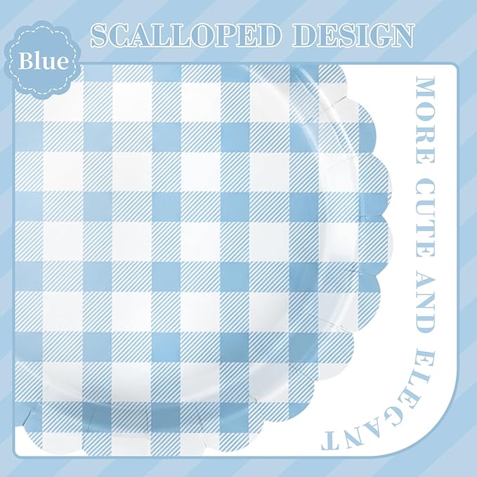 175 PCS Blue Gingham Party Supplies Includes Light Blue Gingham Paper Plates, Cups, Napkins, Cutlery for Wedding Bridal Shower Birthday Baby Shower Party Decorations, Serves 25