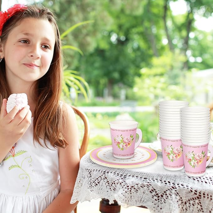 Whaline Pink Tea Party Tableware Supplies Serves 24 Pink Floral Tea Party Disposable Paper Dinnerware, 24 9" Plates 24 7" Saucer Plate 24 9oz Tea Cups with Handle 48 Luncheon Napkins