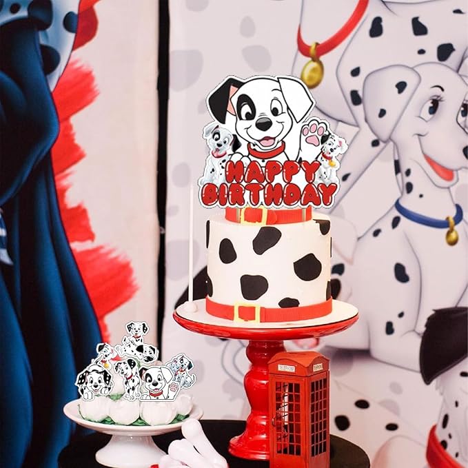 101 Dogs Birthday Party Supplies: Cake Caps, Cupcake Caps, Flags, Latex Balloons - Red, Black, White - Dog Themed - Includes 12 Cupcake Toppers, 1 Big Cake Topper, Banner, 18" Balloons