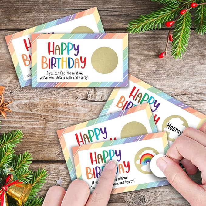 REWIDPARTY Happy Birthday Party Scratch Off Game Cards（32 PCS） Colorful Rainbow Birthday Scratch Off Tickets Christmas Birthday Holiday Special Event Raffle Tickets Supplies for Kids Teens Adults