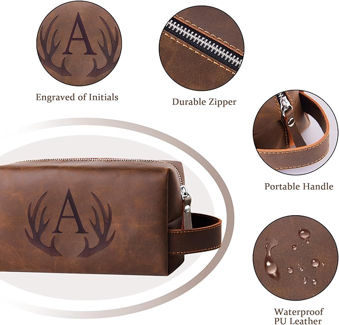 Personalized Mens Travel Toiletry Bag Engraved Initial Letter PU Leather Waterproof Shaving Bag Cool Boss Colleague Friends Brother Gifts Storage Bags Fathers Day Birthday Gifts for Men (T)