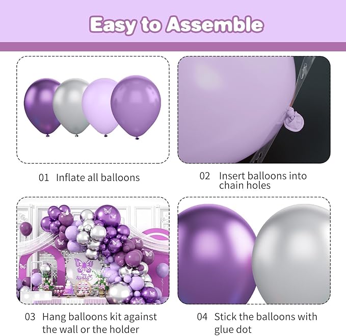 Purple Silver Balloon Arch Kit, Metallic Purple Silver Butterfly Balloons with Butterfly Stickers for Kids Butterfly Party Decorations Birthday Balloons Baby Shower Engagement Party Supplies