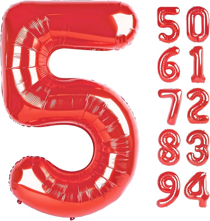 Red 5 Balloon, Number Balloon 40 Inch for Red Party Supplies, 5th Birthday Balloon Decorations, 5 Number Balloons, Number 5 Balloon