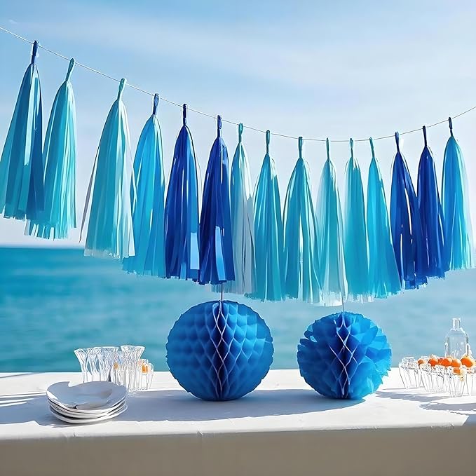 Blue Paper Tassel Garland Banner - Tri-Color Handmade Tassels for Party Decorations, Beach Wedding Backdrop, DIY Crafts (30-Pack)
