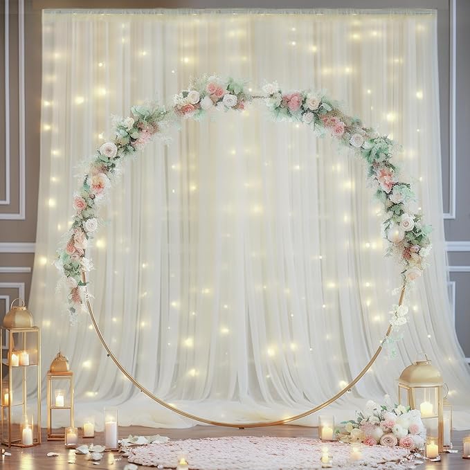 10x10ft Ivory Tulle Backdrop Curtain with Lights String for Parites, Sheer Photo Backdrop Curtain Drapes for Wedding Baby Shower Birthday Party Photo Shoot Decorations