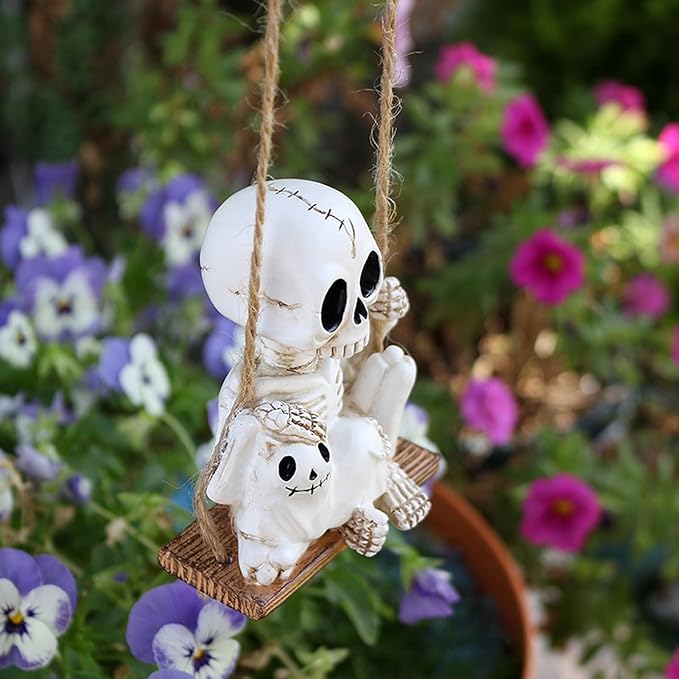 Halloween Skeleton Garden Statue Outdoor Halloween Decor, 2 Pack Gothic Decor Skeleton Plant Decorations for Pots, Cute Ghost Figurine Resin Sculpture for Desk Garden Patio Lawn Yard (F)