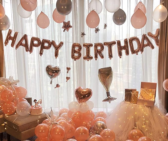 KALOR Rose Gold Happy Birthday Balloons Banner, 16 Inch Mylar Foil Letters Balloon Sign for Birthday Party Decorations Photo Booth Backdrop