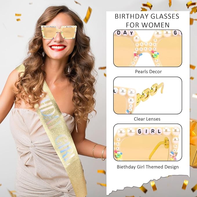 Birthday Girl Sash & Glasses Set, Gold Glitter Birthday Sash for Women Girls, Happy Birthday Decorations Outfits Accessories Party Favors Set for Women Girls