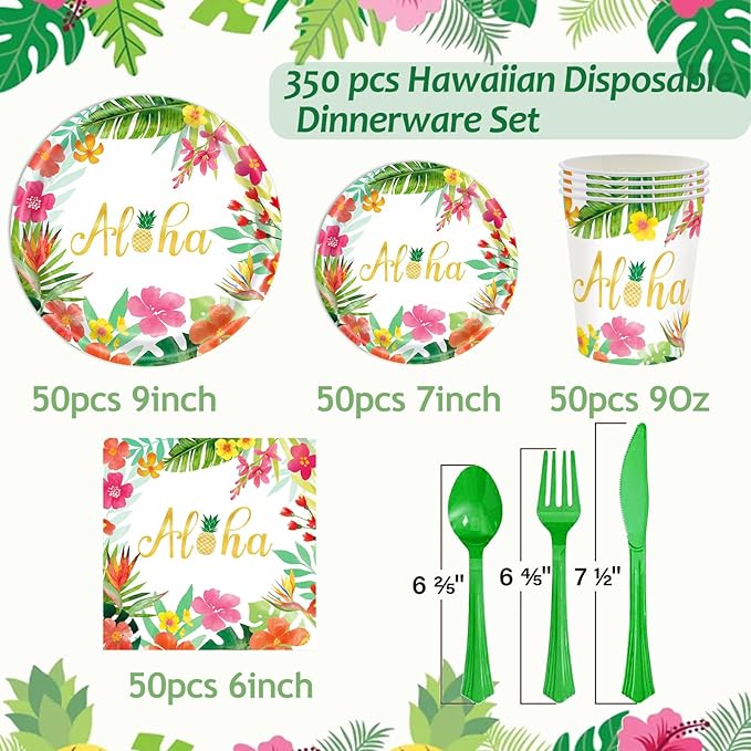 Hawaiian Luau Party Decorations Supplies - 350 PCS Aloha Tropical Birthday Party Decorations Disposable Dinnerware Set (50 Guest) With Paper Plates Napkin Cup for Summer Beach Themed Pool