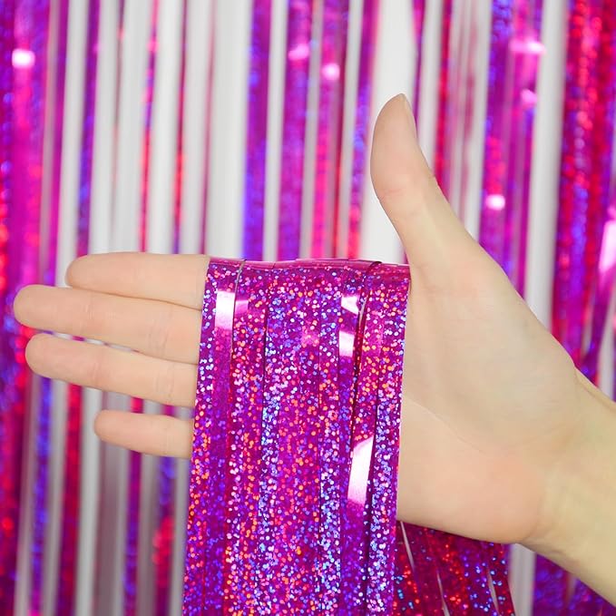 Melsan Hot Pink Tinsel Foil Fringe Curtains, Rose Red Sparkle Photo Backdrop 3.2 ft x 8.2 ft for Birthday Disco Bachelorette Party Decorations, 2 Pack