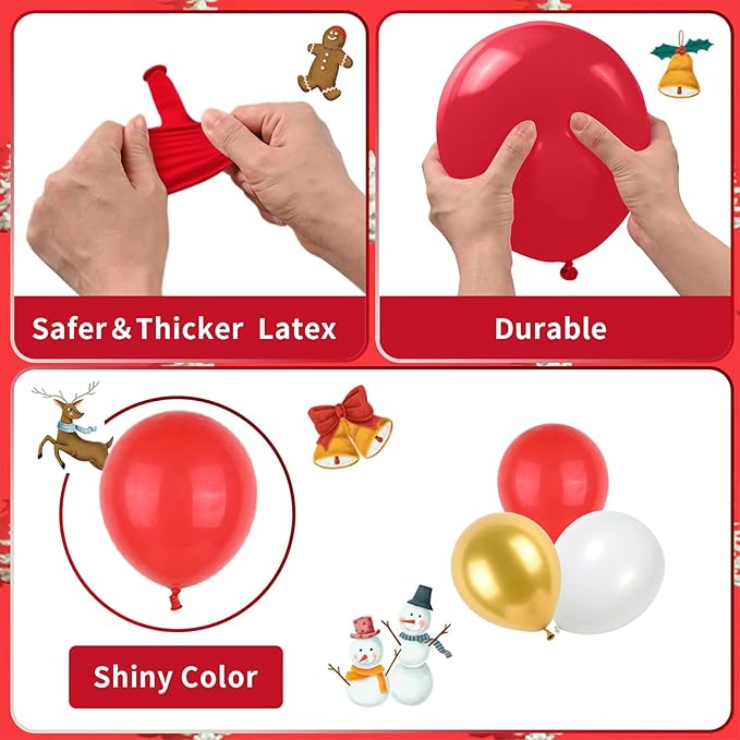 Red Christmas Balloon Garland Arch Kit, Christmas Red White Gold Balloons with Big Gingerbread Cane Windmill Star Mylar Foil Balloons, Metalic Gold Long Balloon for Happy Merry Decorations