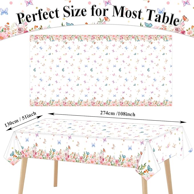 3 PCS Butterfly Birthday Tablecloths for Floral Butterfly Party Decorations Spring Summer Flower Plastic Disposable Rectangle Table Cover for Girls Baby Shower Weddings Tea Party Supplies Favors