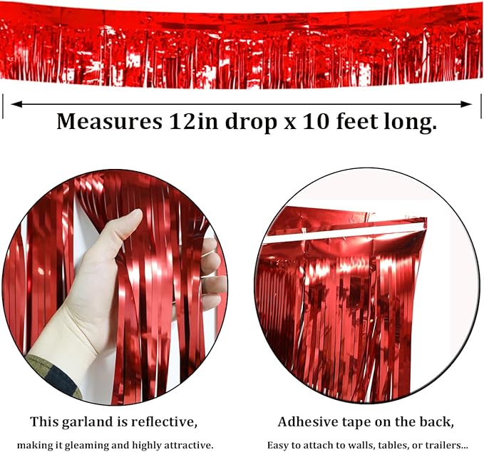 3 Pack Red Total 30 Feet Foil Fringe Garland Metallic Tinsel Banner Wall Hanging Drapes Parade Float Skirting Decorations for Trailer Mardi Gras Party Birthday Wedding Baby Shower (Red)